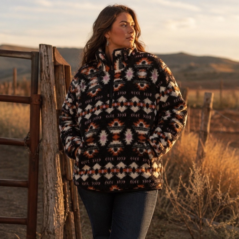 Wrangler Retro Southwestern Aztec Sherpa Fleece Quarter Zip Pullover XL